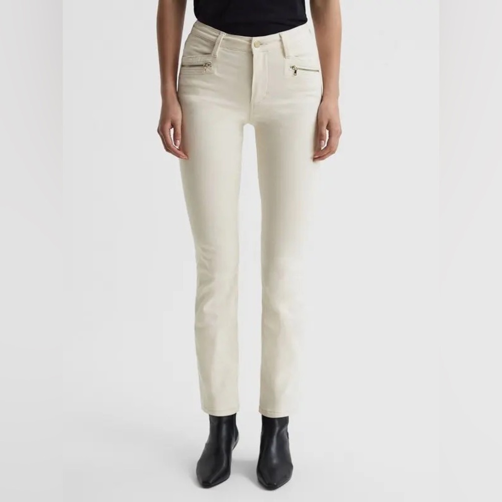NWOT PAIGE Cindy High Rise Straight Leg Jeans Sandy Ecru Modern Zip Pockets 29